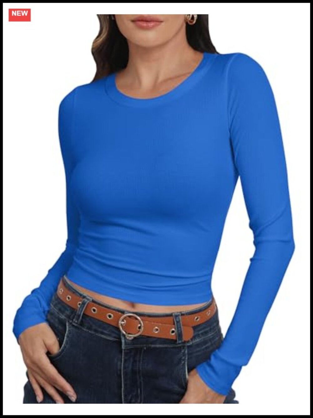 Roselux Womens Long Sleeve Ribbed Knit Fitted Crop Top Crewneck